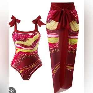 NWT Brand New 2-Piece Swimsuit & Sarong Red Pink Multicolor Size 4X (20)